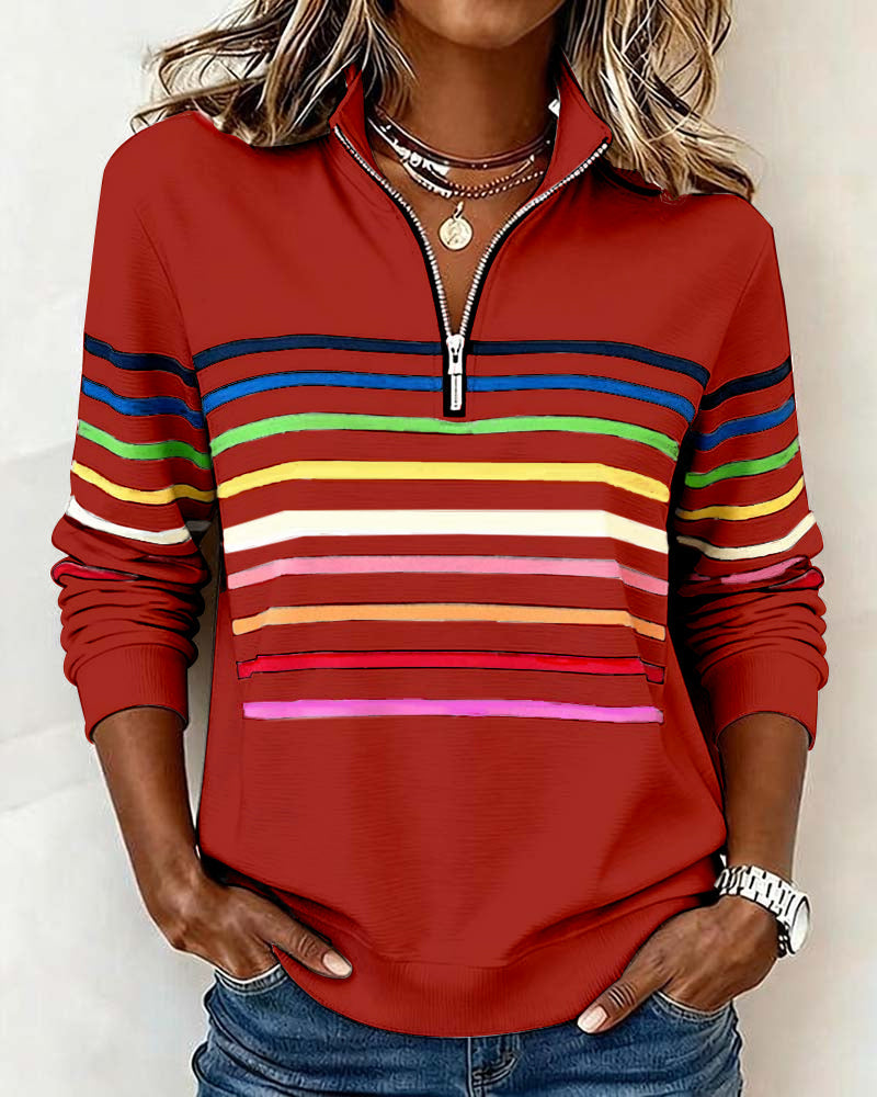 Felpa con mezza zip e strisce arcobaleno alla moda