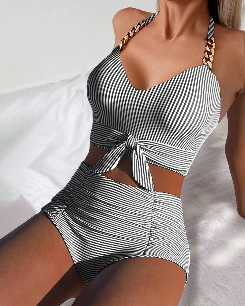 Costume Da Bagno Due Pezzi A Vita Alta A Righe Con Triangolo