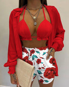 Completo bikini tre pezzi con camicia a maniche a sbuffo