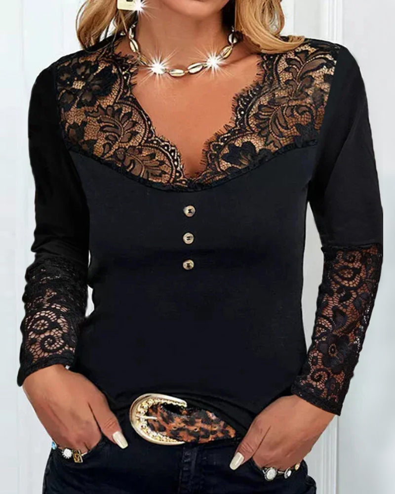 Top a maniche lunghe in pizzo con scollo a V