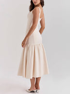 Abito midi elegante con scollo quadrato e spalline larghe con vita scesa