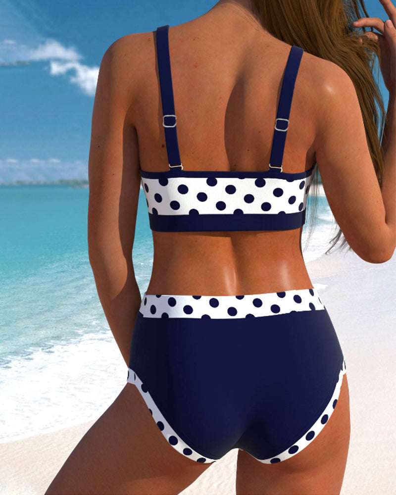 Bikini a vita alta patchwork a pois