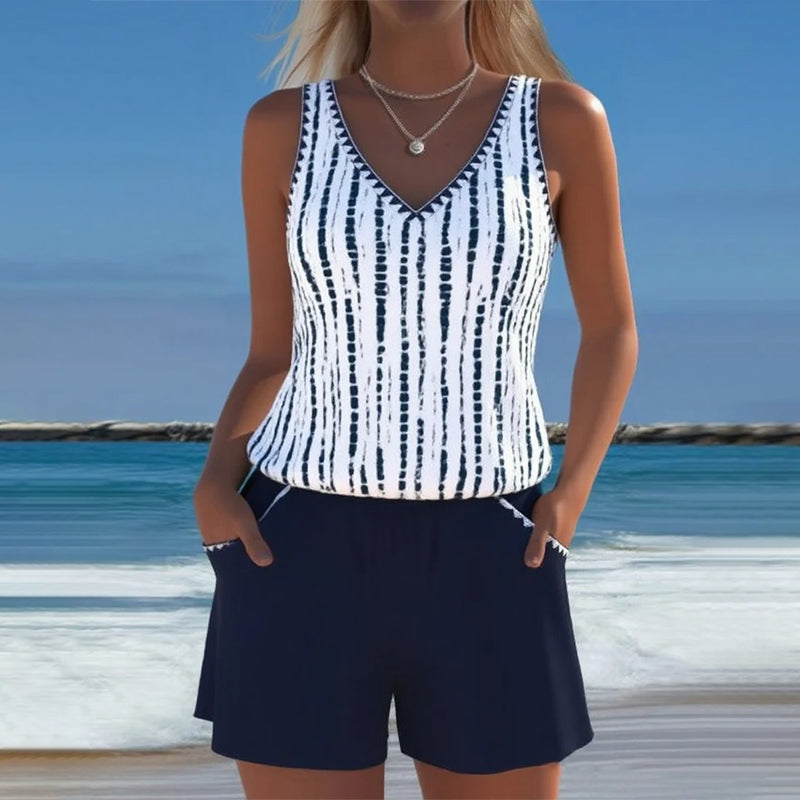 Costume da bagno casual a due pezzi con scollo a V e stampa a tasche