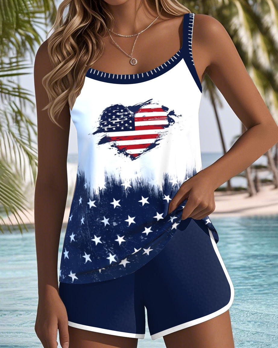 Tankini Due Pezzi con Stampa Cuore Bandiera Americana