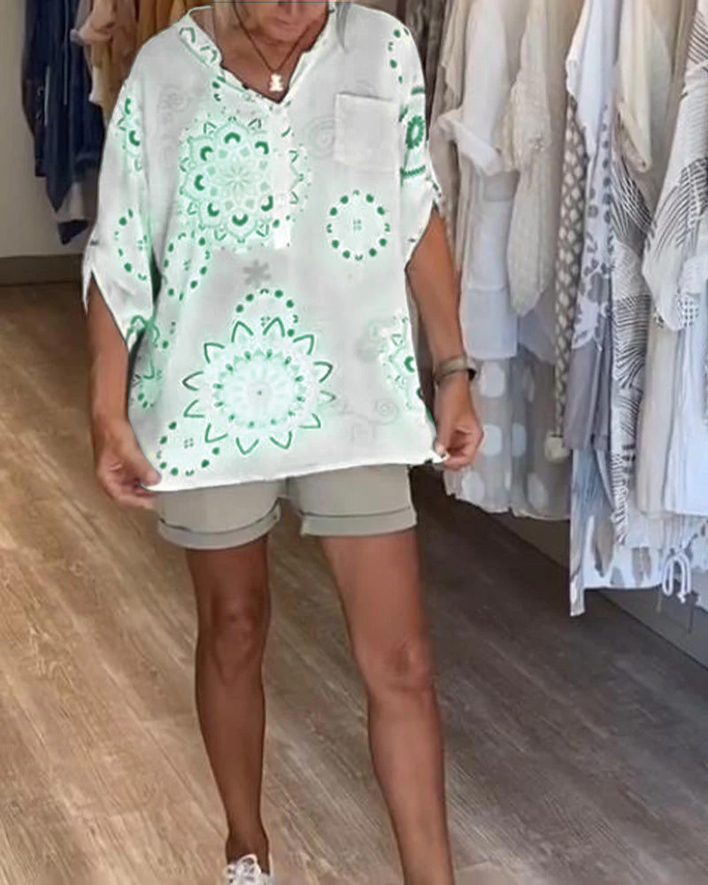 Camicetta Versatile con Stampa Scollo a V Maniche a Metà