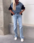 Felpa con cappuccio e zip in denim patchwork casual