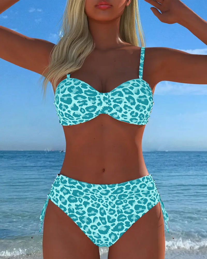 Costume Da Bagno Due Pezzi Allacciato Con Stampa Leopardata