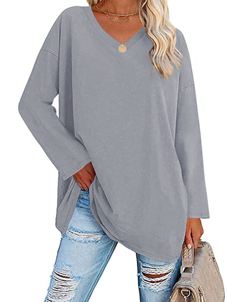 T-shirt donna tinta unita scollo a V maniche lunghe
