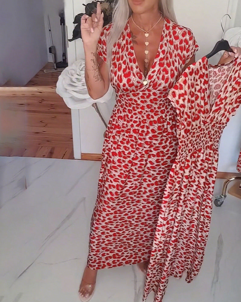 Elegante abito scollato a V con stampa leopardata