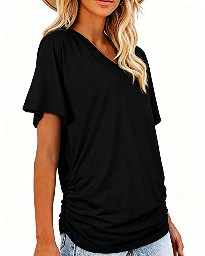 T-shirt Plissé Monocromatico con Scollo a V