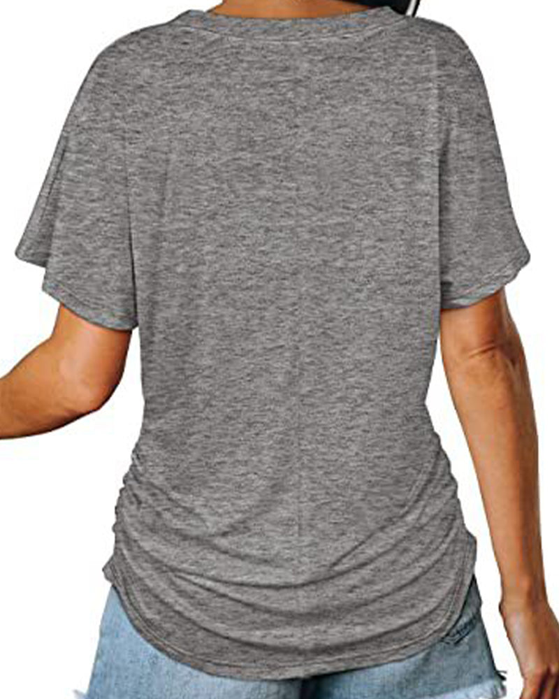 T-shirt Plissé Monocromatico con Scollo a V