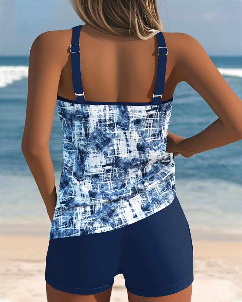 Tankini stampato senza maniche e boxer due pezzi
