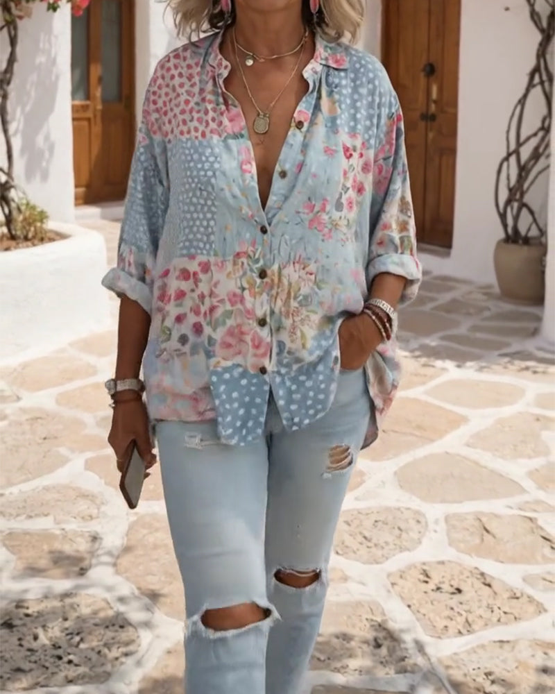 Camicia con stampa floreale e collo alto