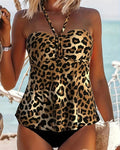 Tankini con scollo all'americana e schiena scoperta, linea ad A, stampa leopardata triangolare