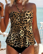 Tankini con scollo all'americana e schiena scoperta, linea ad A, stampa leopardata triangolare