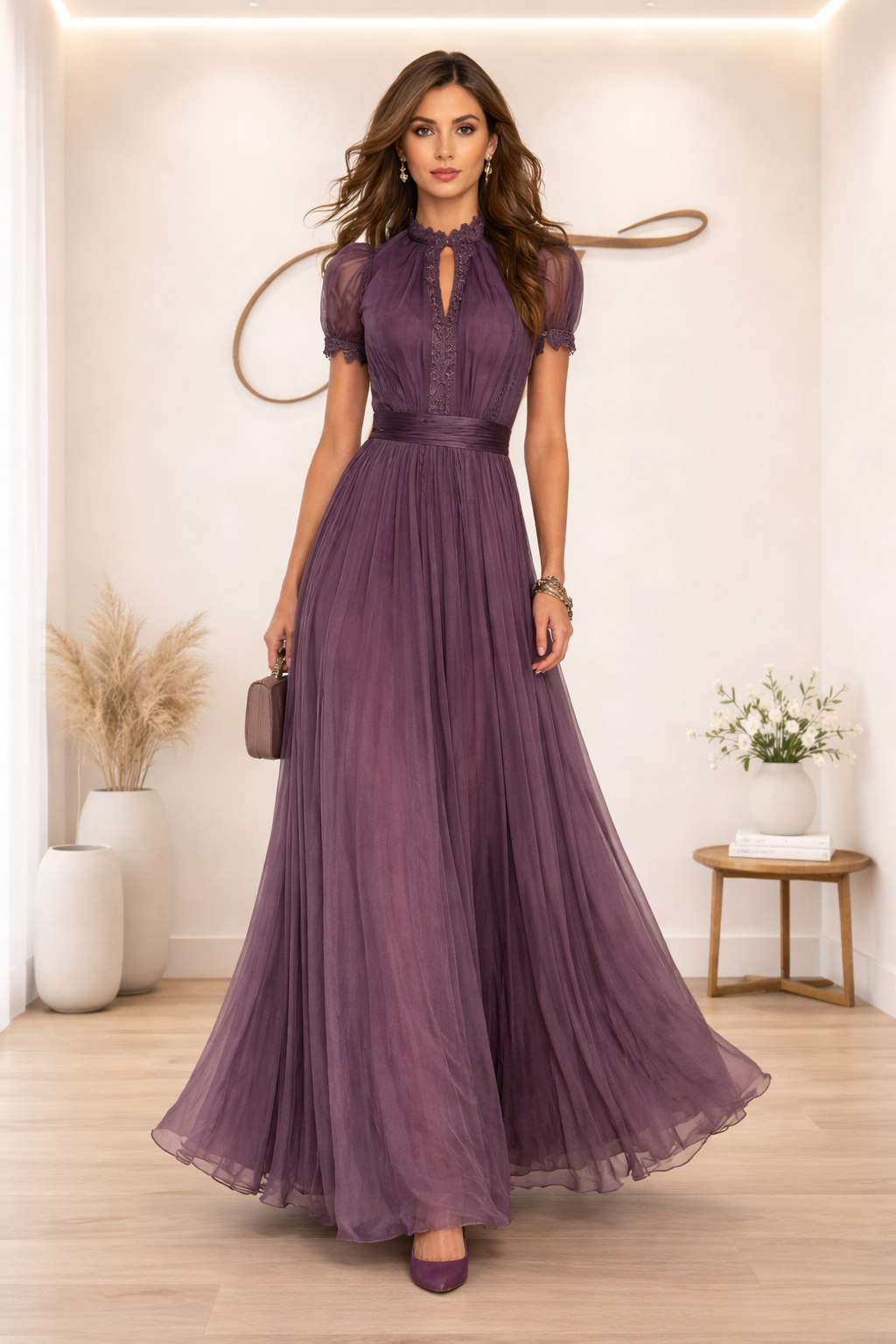 Flavia | Vestido largo con encaje y escote lágrima