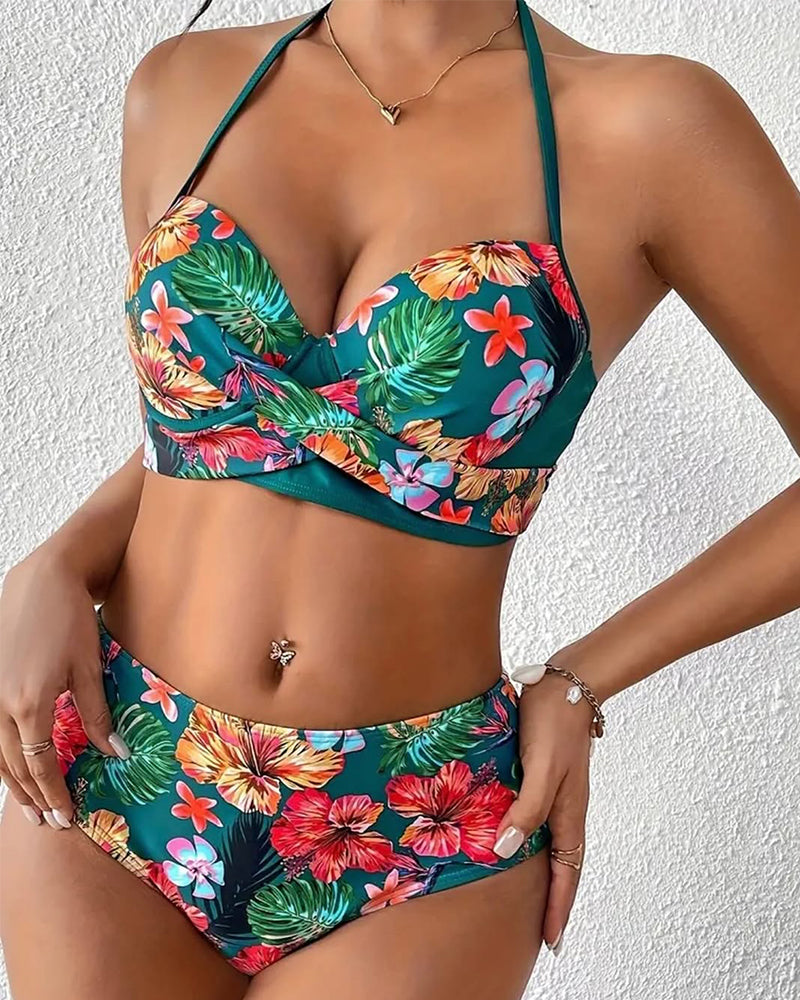 Costume da bagno casual a tre pezzi con pantaloncini a stampa floreale