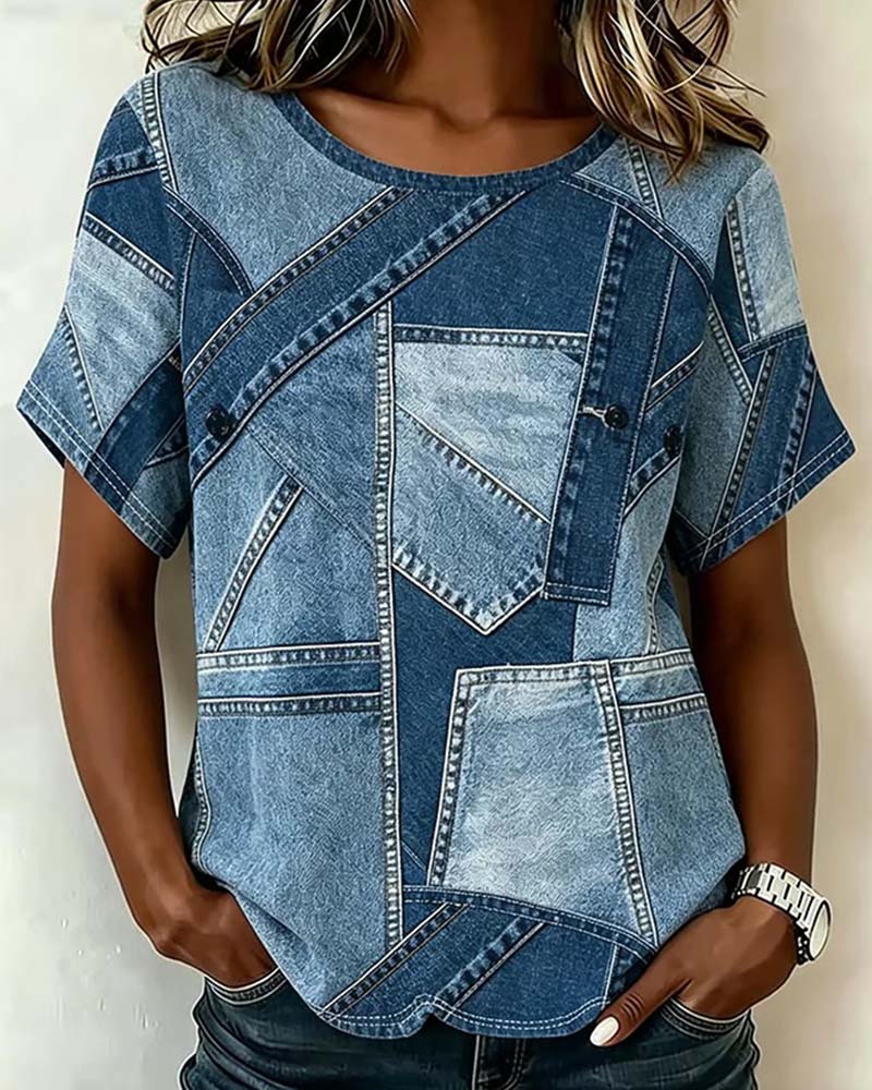 T-shirt Jeans Patchwork Stampa Designer