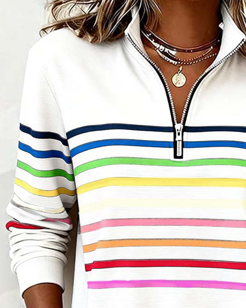 Felpa con mezza zip e strisce arcobaleno alla moda