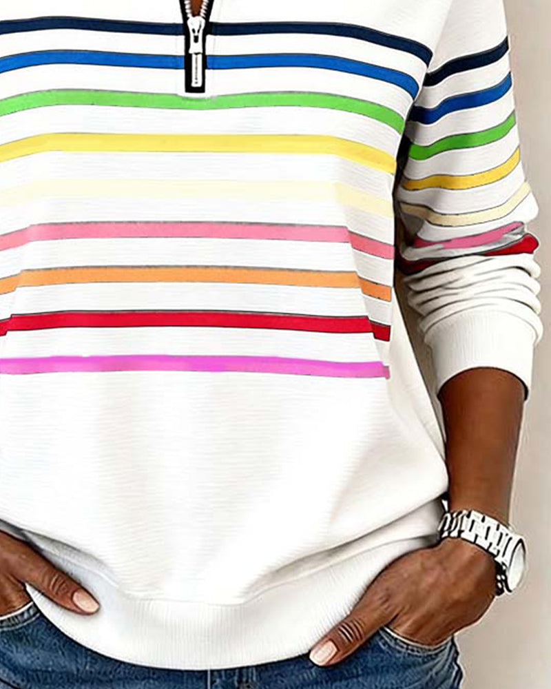 Felpa con mezza zip e strisce arcobaleno alla moda