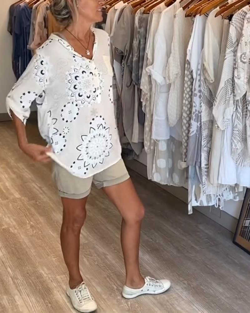 Camicetta Versatile con Stampa Scollo a V Maniche a Metà