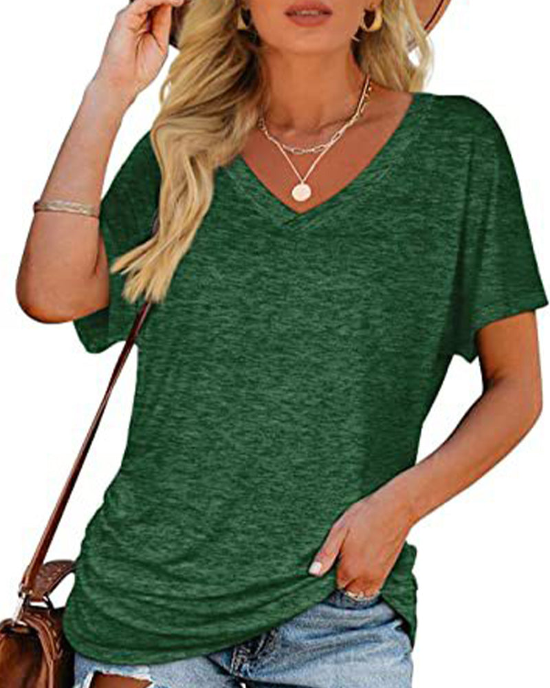 T-shirt Plissé Monocromatico con Scollo a V
