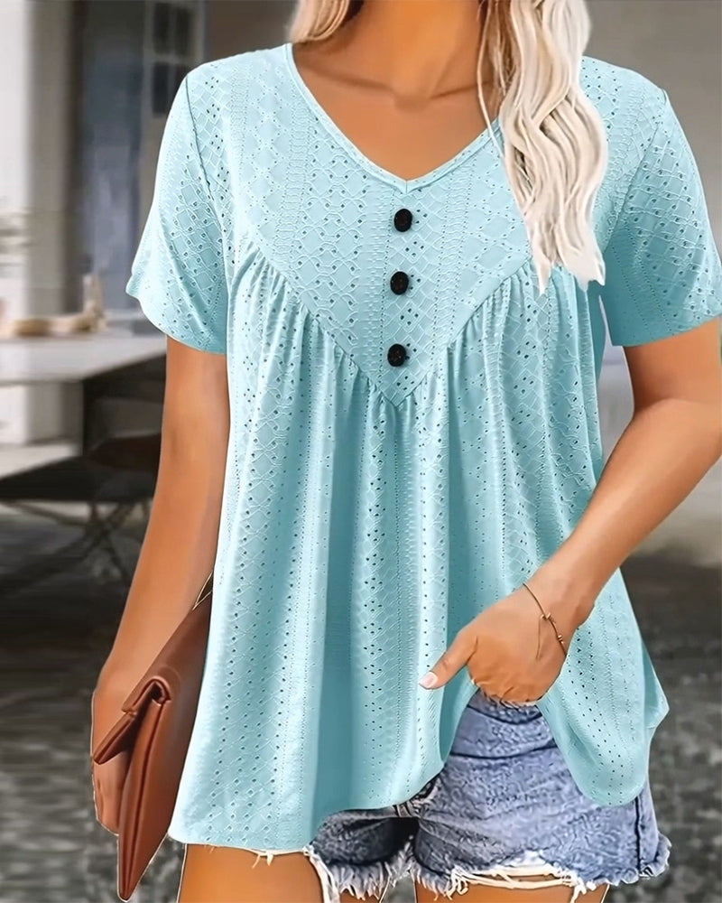 T-shirt casual scollo a V intagliato maniche corte