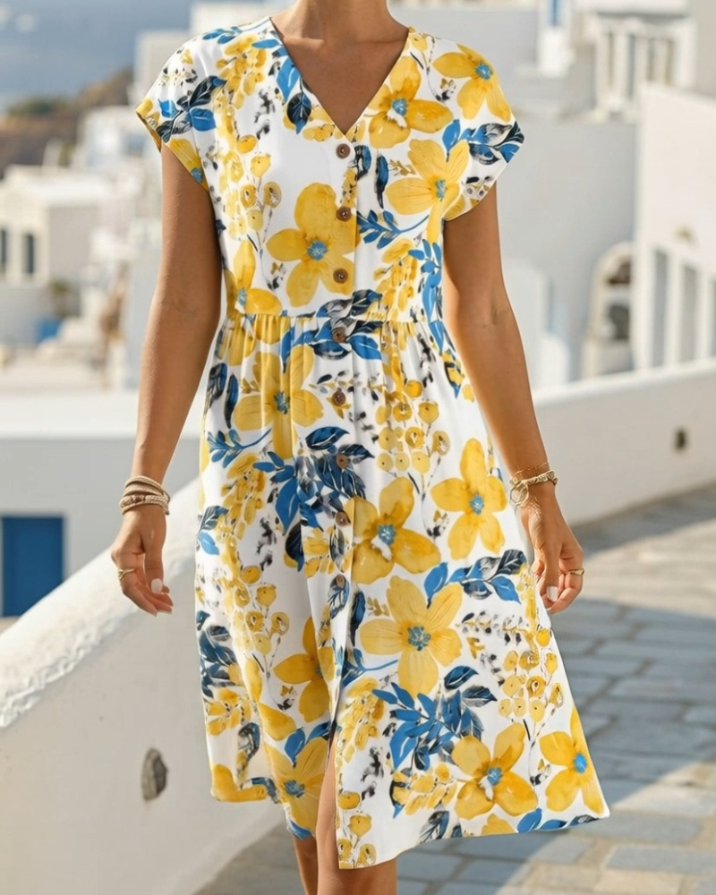 Vestito Stampa Floreale Scollo a V Maniche Corte