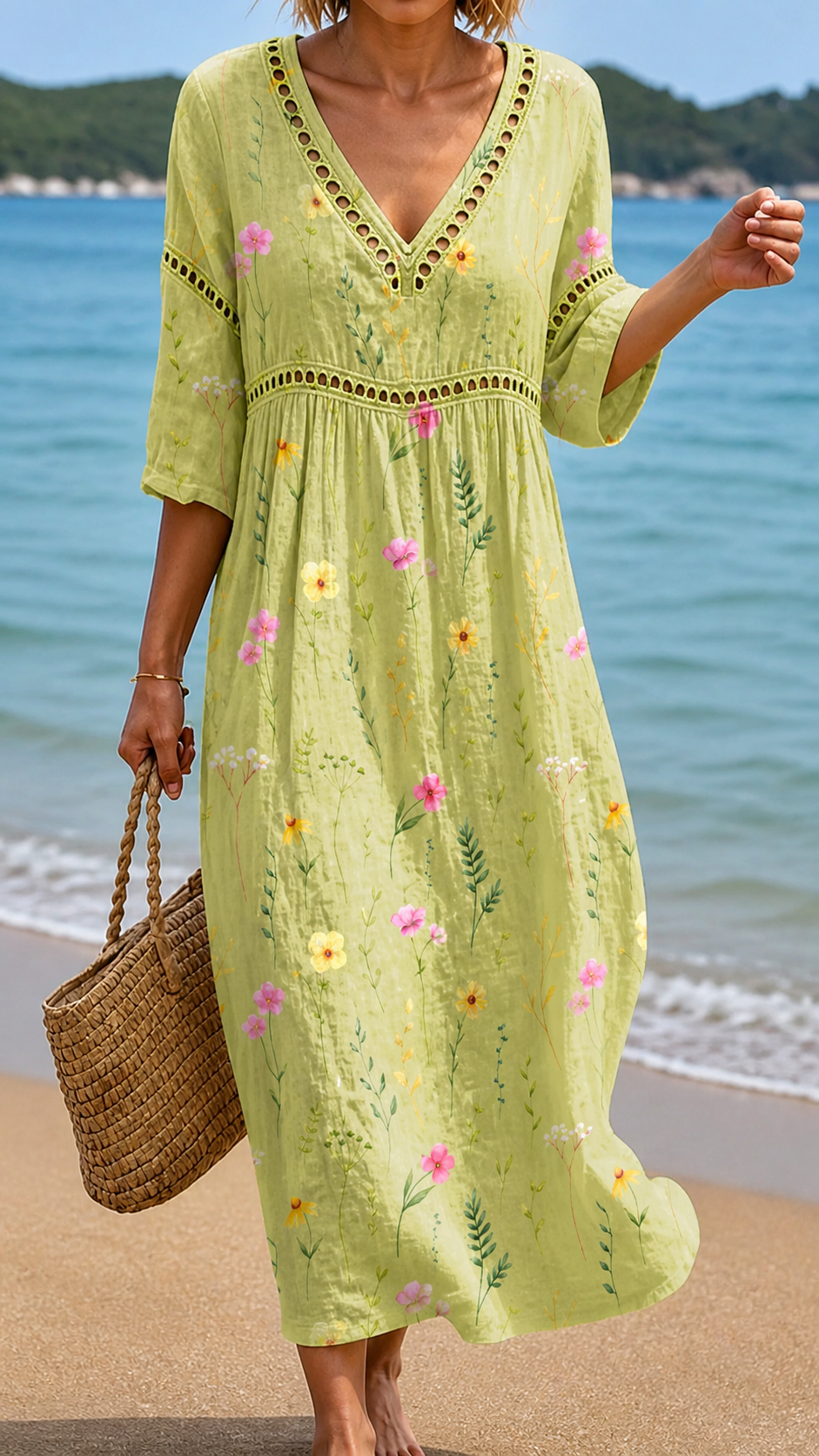 Abito Midi Verde Chiaro con Fiori Delicati