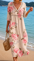 Iolanda | Abito Midi Morbido con Rose Eleganti