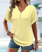 T-shirt a V a righe a blocchi di colore