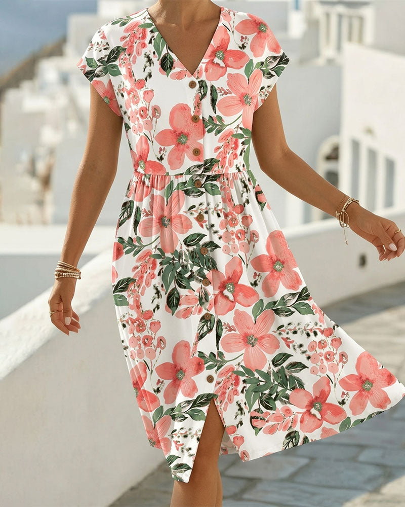 Vestito Stampa Floreale Scollo a V Maniche Corte