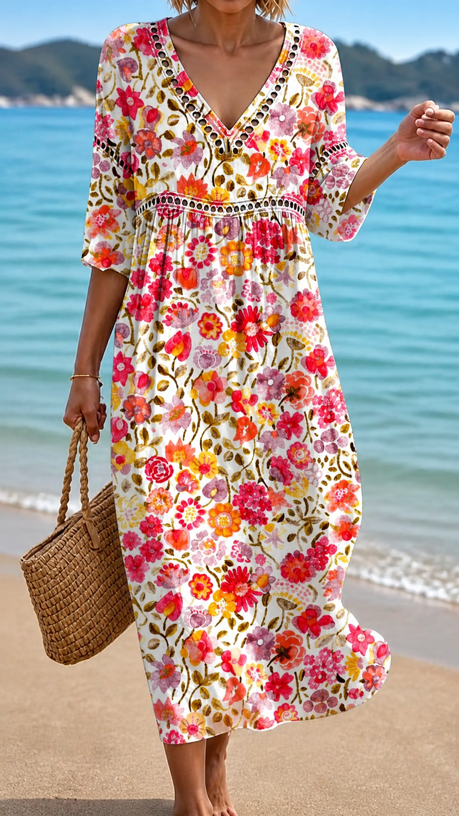Pina | Vestito Midi Estivo Morbido con Stampa Floreale Vivace