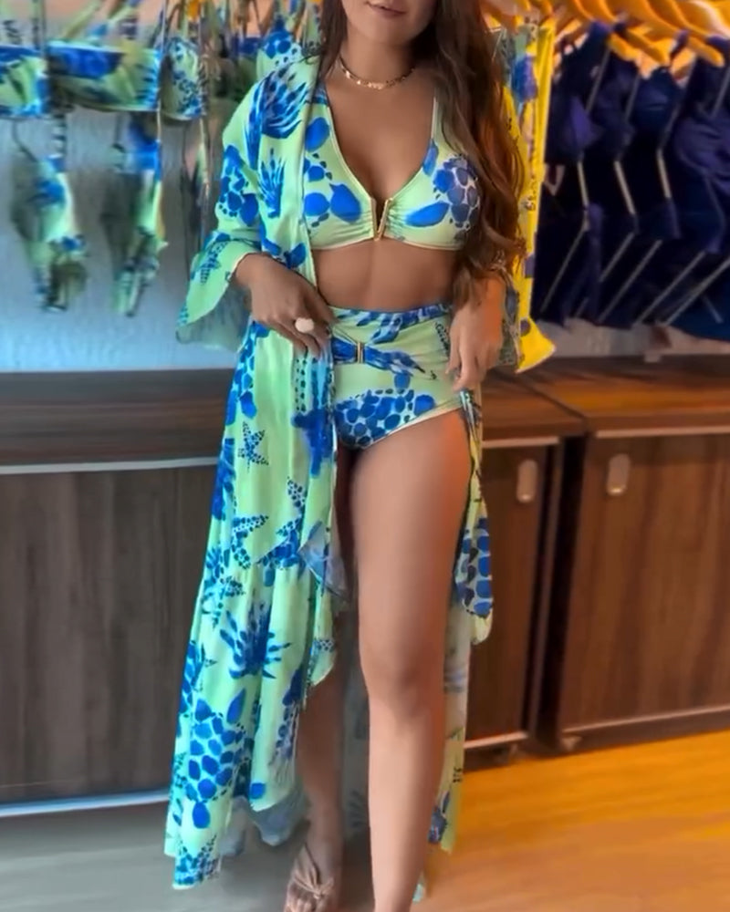 Costume da bagno stampato per le vacanze con maniche svasate