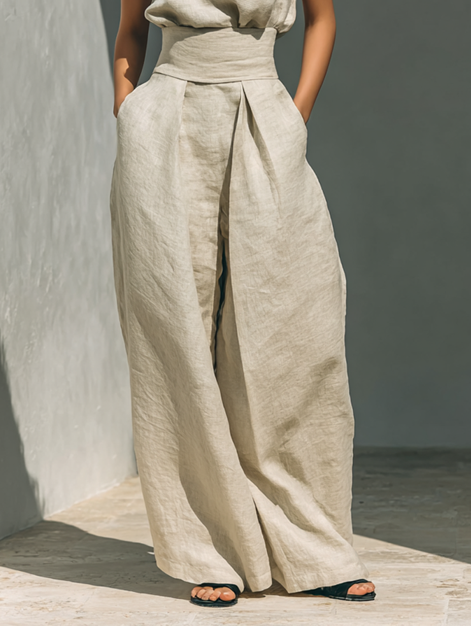 Set composto da blusa senza maniche e pantaloni a gamba larga in misto cotone e lino.