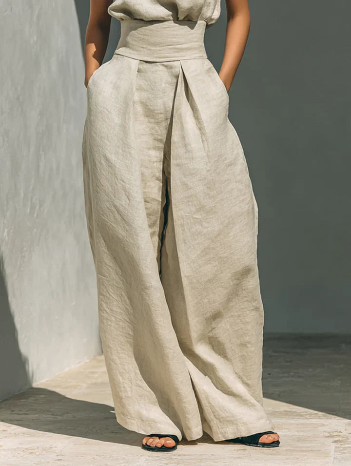 Flor™ | Completo minimalista da donna con top senza maniche e pantaloni a gamba larga in cotone e lino