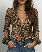 Camicetta A Balze Con Scollo A V E Stampa Leopardata