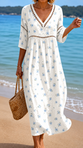 Vestito Midi Estivo Morbido con Piccoli Fiori Blu