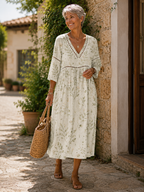 Teresa | Abito da Spiaggia Effetto Lino con Motivo Botanico