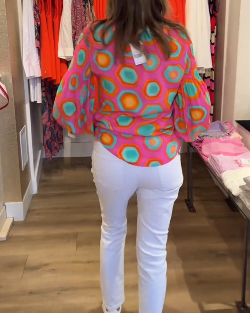 Blusa casual a maniche lunghe con stampa geometrica
