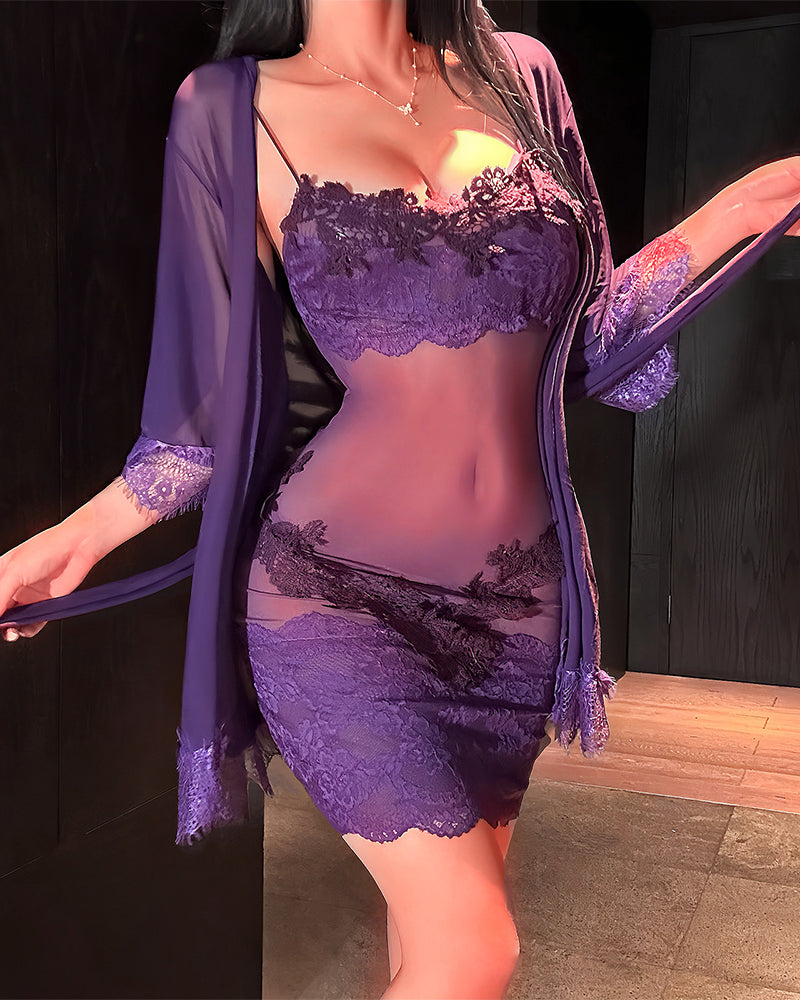 Set Composto da Camicia da Notte Tinta Unita con Volant