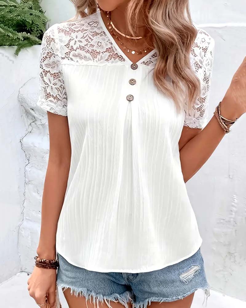 Blusa Scollo a V Tinta Unita Pizzo Cuciture