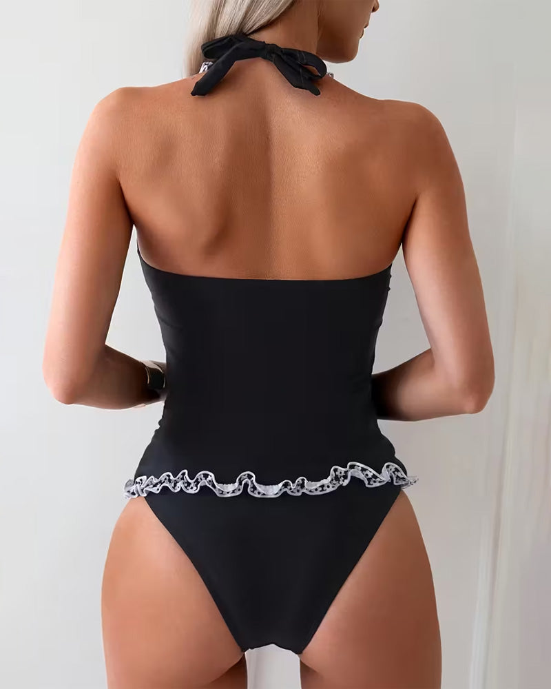 Costume da bagno due pezzi casual con volant e scollo a V