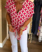 Top casual stampato a maniche corte e scollo a V