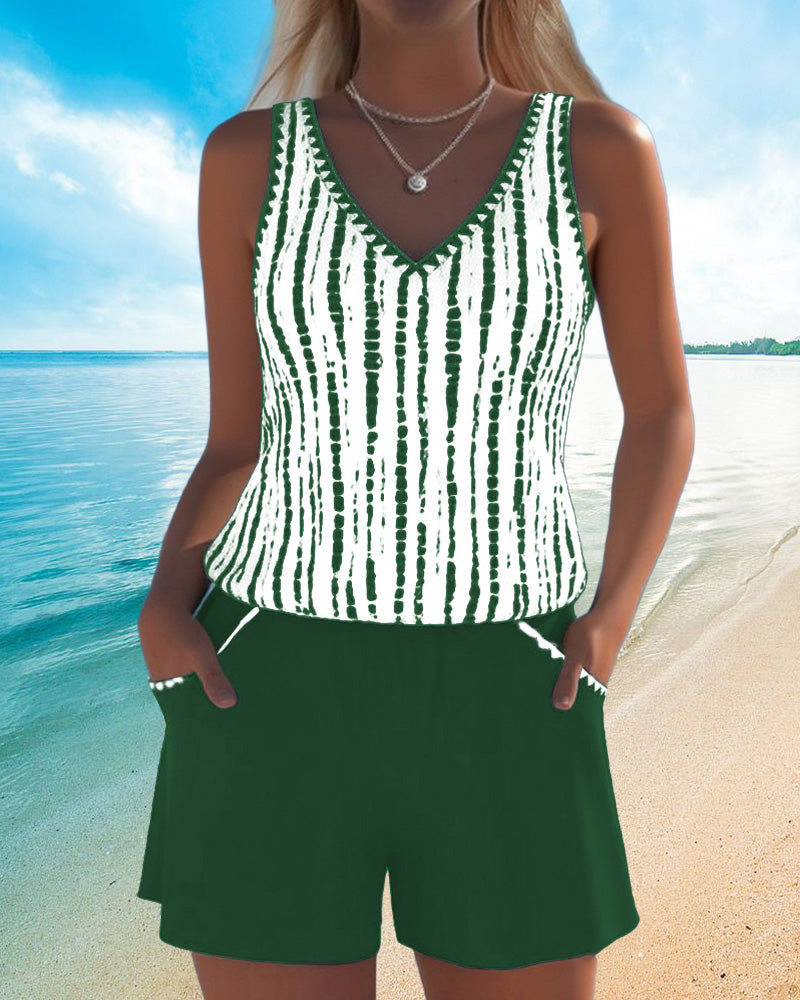 Costume da bagno casual a due pezzi con scollo a V e stampa a tasche