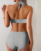 Costume Da Bagno Due Pezzi A Vita Alta A Righe Con Triangolo