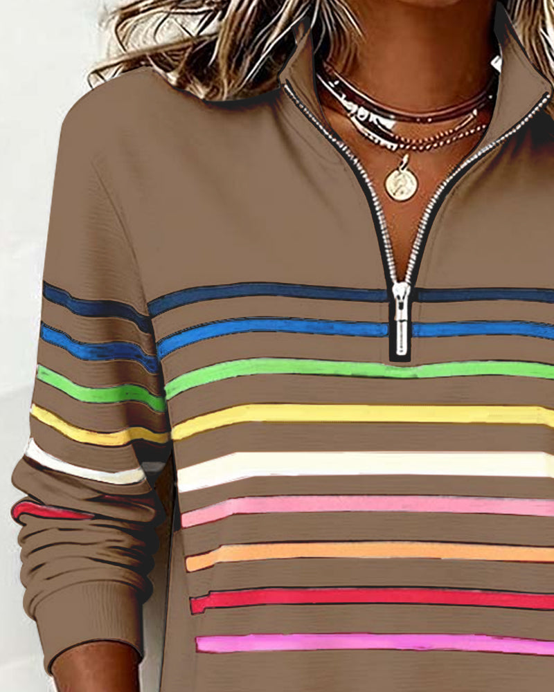Felpa con mezza zip e strisce arcobaleno alla moda