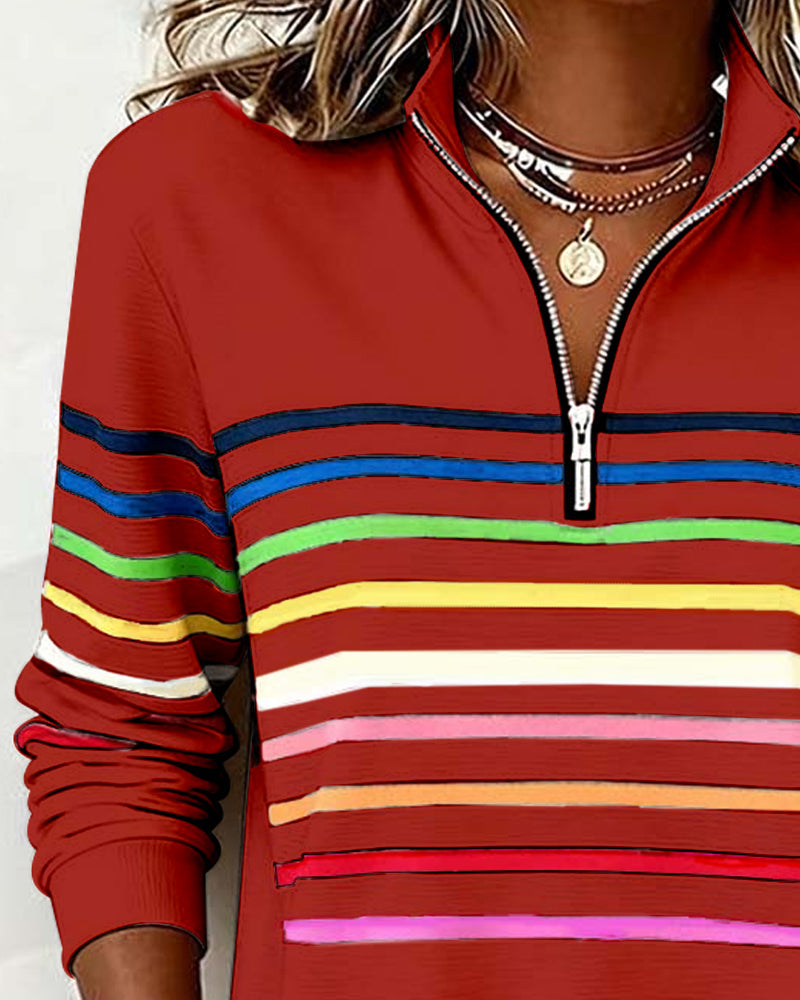 Felpa con mezza zip e strisce arcobaleno alla moda