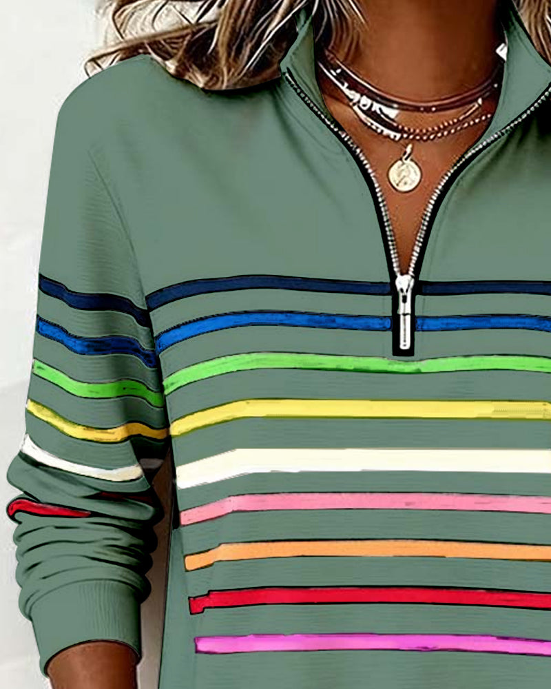 Felpa con mezza zip e strisce arcobaleno alla moda