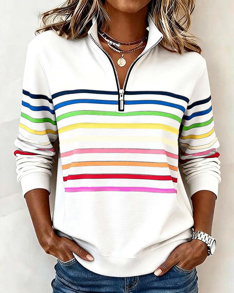 Felpa con mezza zip e strisce arcobaleno alla moda